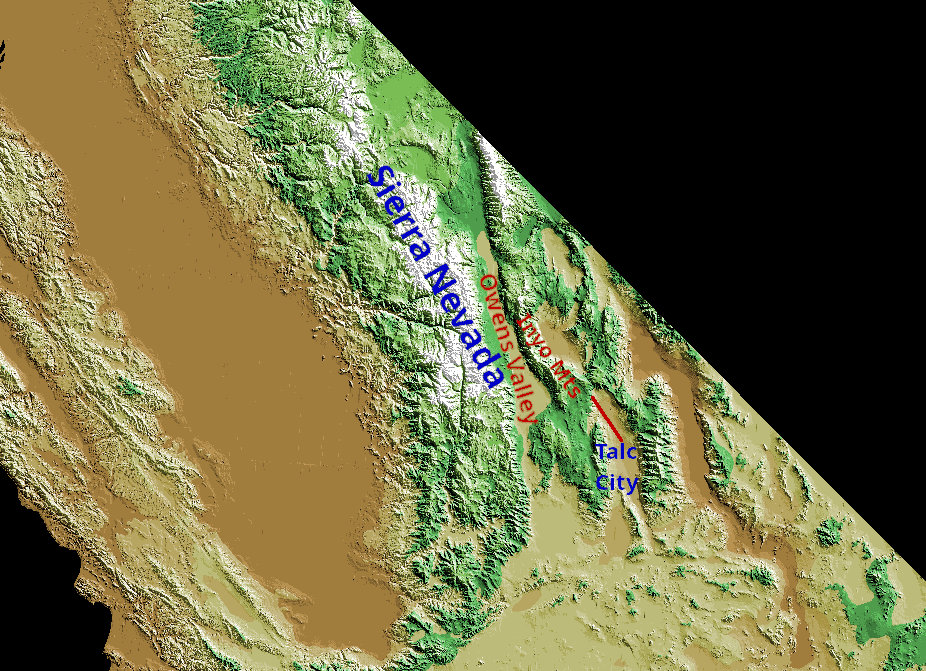 Map showing the Eastern Sierra / Owens Valley / Inyo Mountains / Talc City Hills area